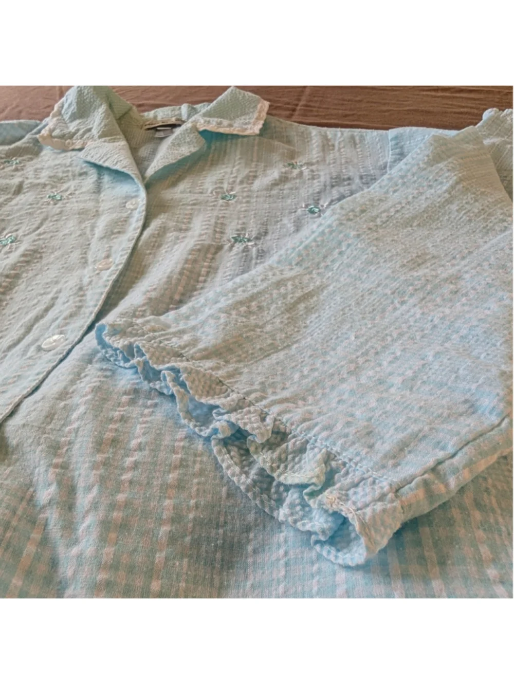 Miss Elaine Pajama Set Large Aqua Blue Seersucker Embroidered Floral Lace Trim